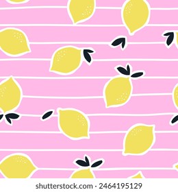 Summer seamless pattern with lemons and leaves. Fruit repeated background. 
