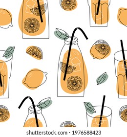Summer seamless pattern with lemons and lemonade. Vector illustration