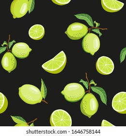 Summer seamless pattern with lemons. Lime fruits and flowers,  vector wallpaper on black background. 