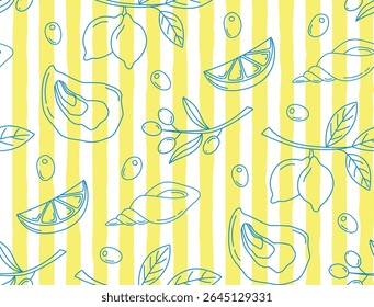 Summer seamless pattern with lemons, olives, seashells. Background with yellow stripes and blue linear elements
