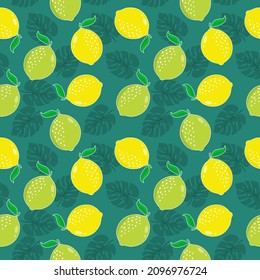 Summer seamless pattern with lemons on green background. Sweet tropical background for textile, fabric, decorative paper. Vector illustration