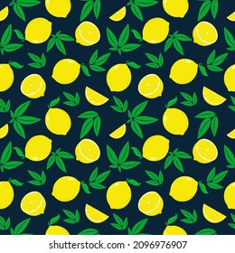Summer seamless pattern with lemons on dark background. Sweet tropical background for textile, fabric, decorative paper. Vector illustration
