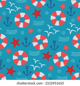 Summer seamless pattern with lifebuoy, seagull, waves, starfish, anchor, shell on turquoise background. Perfect for greetings cards, wallpaper, wrapping paper, fabric. Vector illustration