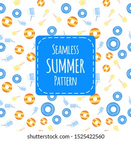 Summer seamless pattern with lifebuoys and juices on white background. Cartoon style. Vector