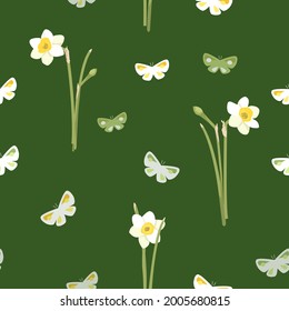 summer seamless pattern of light daffodils and butterflies of simple shapes, on a dark green background for printing textile wallpaper