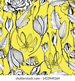 Summer seamless pattern with lilies, summer flowers. manual graphics. Botanical flower, ink, floral pattern for textile decor and design, patterns. Botanical summer illustration. stock graphics