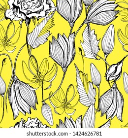 Summer seamless pattern with lilies, summer flowers. manual graphics. Botanical flower, ink, floral pattern for textile decor and design, patterns. Botanical summer illustration. stock graphics