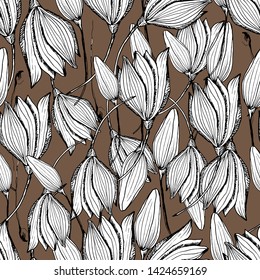 Summer seamless pattern with lilies, summer flowers. manual graphics. Botanical flower, ink, floral pattern for textile decor and design, patterns. Botanical summer illustration. stock graphics