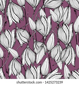 Summer seamless pattern with lilies, summer flowers. manual graphics. Botanical flower, ink, floral pattern for textile decor and design, patterns. Botanical summer illustration. stock graphics