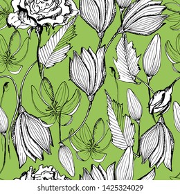 Summer seamless pattern with lilies, summer flowers. manual graphics. Botanical flower, ink, floral pattern for textile decor and design, patterns. Botanical summer illustration. stock graphics