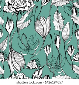 Summer seamless pattern with lilies, summer flowers. manual graphics. Botanical flower, ink, floral pattern for textile decor and design, patterns. Botanical summer illustration. stock graphics