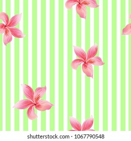 Summer seamless pattern with lily flowers. Striped backfround.