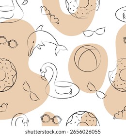 Patrón sin costuras de verano. Elementos de verano de arte de línea sobre fondo abstracto de manchas de acuarela. Ilustración vectorial