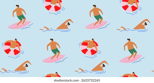 Summer seamless pattern with male character and water activities for textile, clothes, wrapping paper, background, wallpaper. Summertime travel, vacation. Vector flat illustration