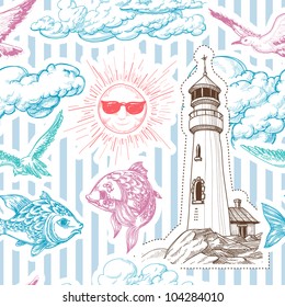 Summer seamless pattern with marine elements