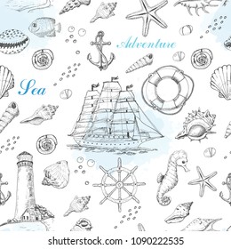 Summer seamless pattern with marine elements. Vector illustration for your design