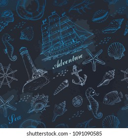 Summer seamless pattern with marine elements. Vector illustration for your design