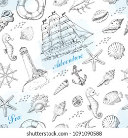 Summer seamless pattern with marine elements. Vector illustration for your design