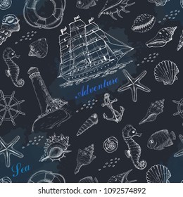 Summer seamless pattern with marine elements. Vector illustration for your design