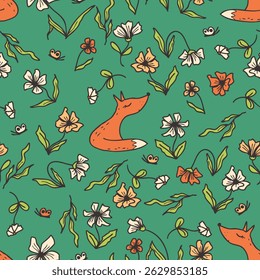 Summer seamless pattern with meadow flowers and cute fox. Perfect print for scrapbooking, card, textile and fabric. Hand drawn vector illustration.
