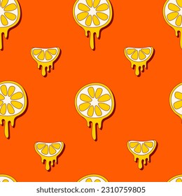 Summer seamless pattern with melting lemon. Trendy hand drawn retro styled liquid yellow fruit on orange background. Doodle fluid lemon for food and drink design