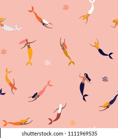 Summer seamless pattern with mermaid under the sea - vector illustration