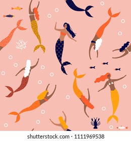 Summer seamless pattern with mermaid under the sea - vector illustration