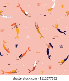 Summer seamless pattern with mermaid under the sea - vector illustration