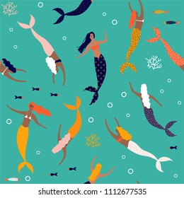 Summer seamless pattern with mermaid under the sea - vector illustration