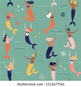 Summer seamless pattern with mermaid under the sea - vector illustration
