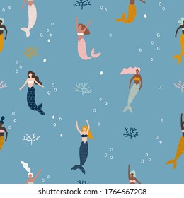 Summer seamless pattern with mermaid under the sea - vector illustration