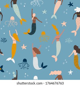 Summer seamless pattern with mermaid under the sea - vector illustration