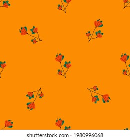 Summer seamless pattern in minimalistic style with naive flowers print. Bright orange background. Flat vector print for textile, fabric, giftwrap, wallpapers. Endless illustration.
