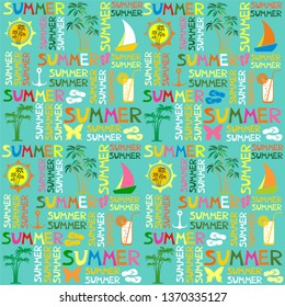 Summer seamless pattern. Mint summer background with flip-flops, sun, palm tree, cocktail, boat, anchor and butterfly. Doodle style elements pattern for kids print fabric design, Beach party.  Vector