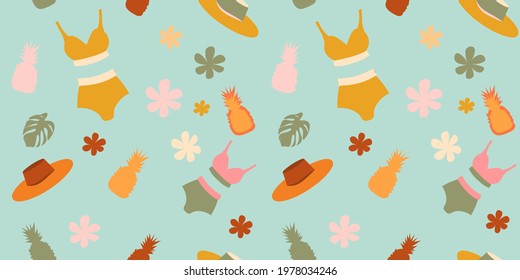 SUMMER SEAMLESS PATTERN. Modern pattern of swimwear, beach hats, leaves, palm trees, pineapples