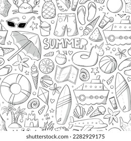 patrón de verano sin fisuras con doodles monocromos, elementos de dibujos animados en blanco y negro para colorear libros, impresiones, empaque, papel tapizado, papel envolvente, etc. EPS 10