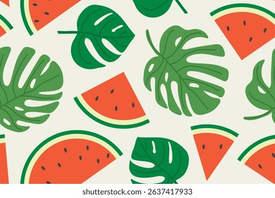 summer seamless pattern with monstera leaves and watermelon;  bright, juicy perfect for textiles, packaging, wallpapers, and seasonal designs- vector illustration