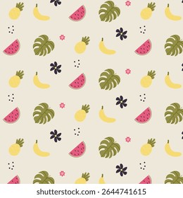 Summer seamless pattern with monstera leaves, banana, watermelon slice and pink flower. Vector illustration for wrapping paper, textile.