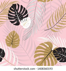 
Summer seamless pattern with monstera and palm leaf on pink background.  Great for fabric, textile, cloth, wrapping and wallpaper.  vector illustration.