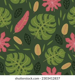 Summer seamless pattern with monstera, palm and other tropical leaves on green background. Perfect for wallpaper, gift paper, seasonal greeting cards. Vector illustration