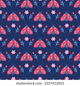 Patrón veraniego sin fisuras con polillas y flores sobre fondo oscuro. Perfecto para papel pintado, papel de regalo, tarjetas de felicitación. Ilustración del vector