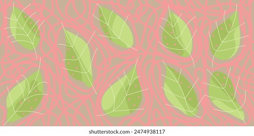 Sommernahtloses Muster mit mehrfarbigen Blättern, Linien. Farbenfrohe handgezeichnete Vektorillustration in rosa, grau, grün. Für Karten, Banner, Bildschirmhintergrund, Textil, Verpackung
