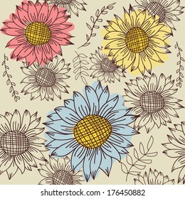 Summer seamless pattern with multicolored sunflowers