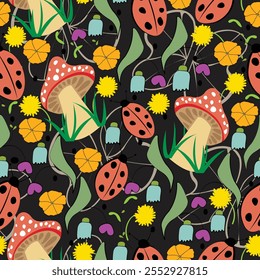 Summer seamless pattern with mushrooms flowers and ladybugs; flat design, hand draw 