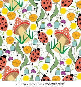 Summer seamless pattern with mushrooms flowers and ladybugs; flat design, hand draw 