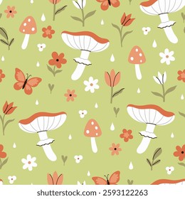 Summer seamless pattern with mushrooms, flowers, butterflies and raindrops. Vector graphics.