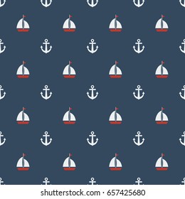 Summer seamless pattern. Nautical seamless pattern with anchors, sailing boat, yachts.