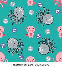 Summer seamless pattern with octopus and axolotls in the sea. Perfect for T-shirt, textile and print. Hand drawn vector illustration for decor and design.
