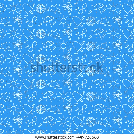 Summer seamless pattern on blue background. Outline icons of sun, ice cream, beach umbrella, glasses, palm and other. Vector illustration.