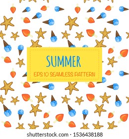 Summer seamless pattern on white background. Cartoon style. Vector